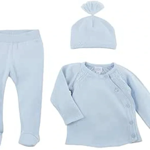 Baby Boy 3-Piece Layette Set 0–3 Months | Blue Footed Pants, Wrap Top & Hat - Picture 1 of 1